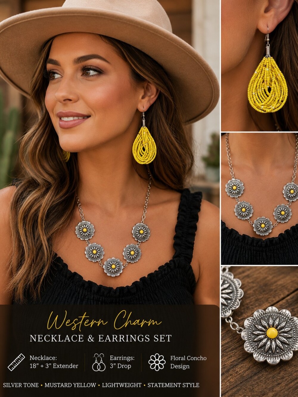 Silver Tone Floral Concho Necklace & Mustard Yellow Beaded Earrings Set